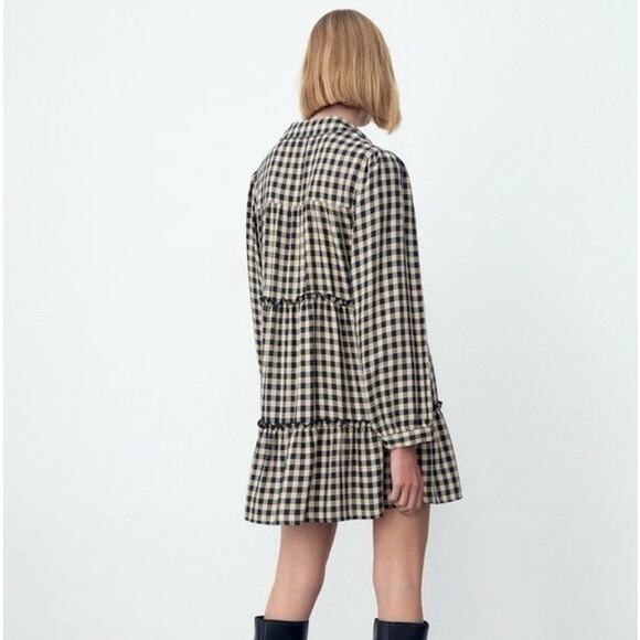 Zara Gingham Plaid Button Front Tier Layered Mini Dress Black Size XS - Picture 2 of 10